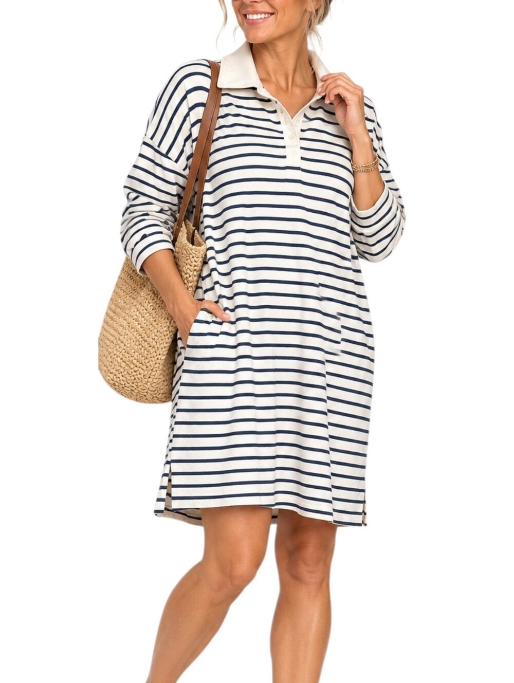 Striped Polo Dress XL Navy Cream Cotton Oversized Coastal Nautical Preppy Resort